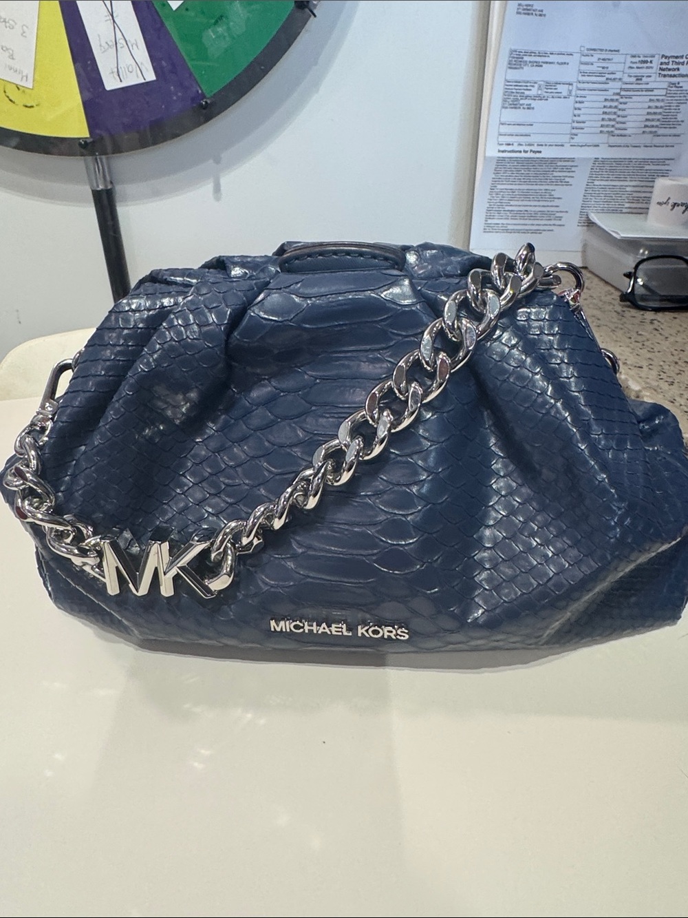 ๐ BIG SALE MICHAEL KORS Blue Snakeskin Embossed Clutch/Crossbody - Picture 2 of 10